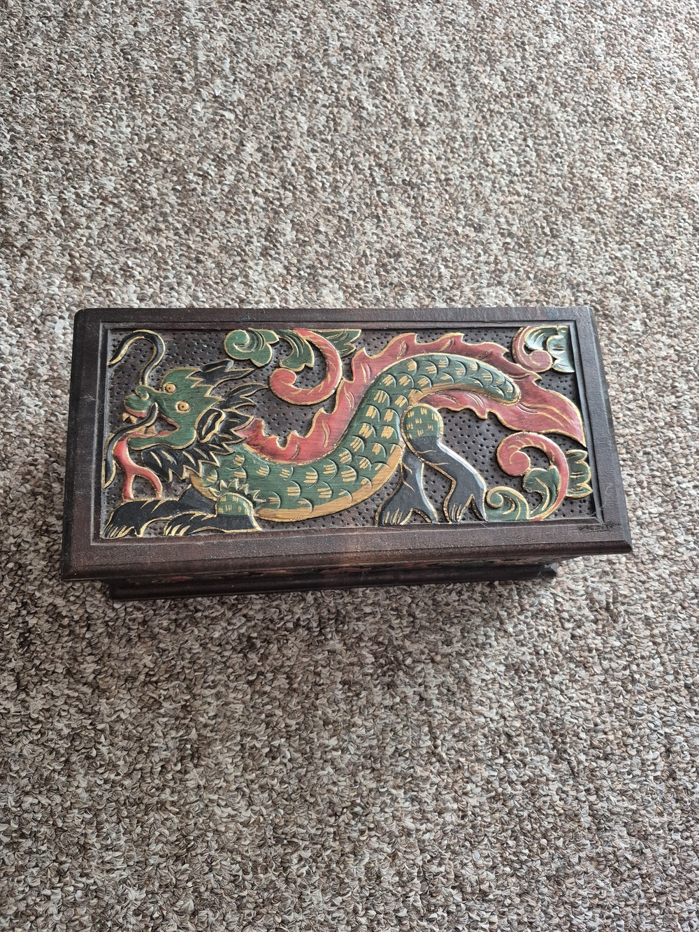 Dragon Wooden Hand Carved Handmade Green Red Gold Chest Treasure Box Wood